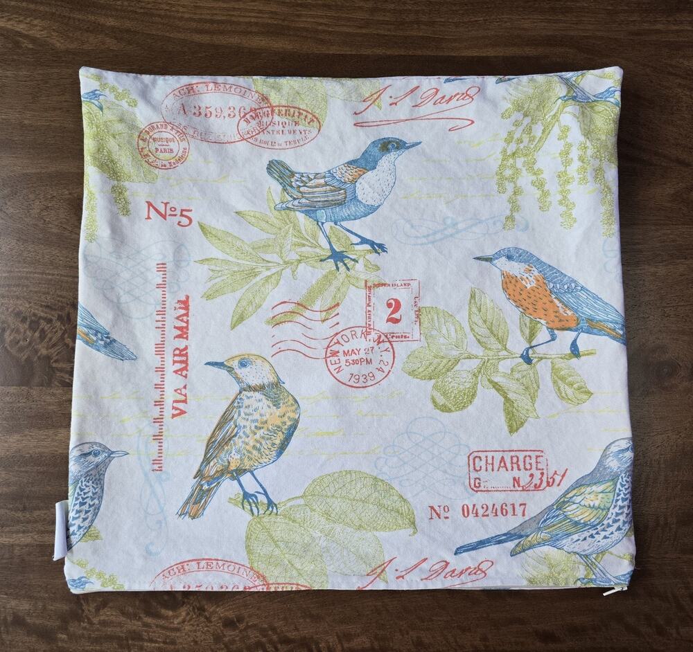 Vintage Bird Postcard Pillow Cover Cushion Case French Country 18x18